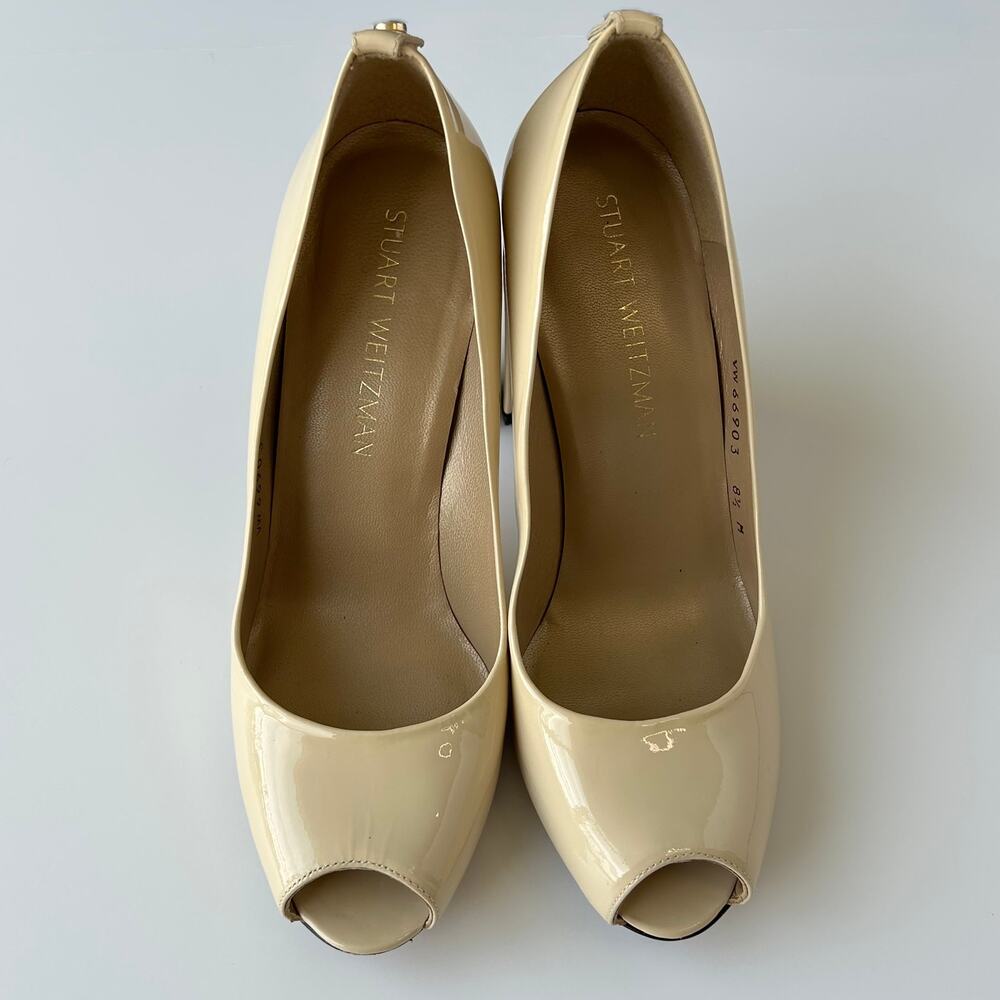 Stuart Weitzman Nude Patent Peep Toe Block Heel Pumps Spritely Size 8.5 M Spain - Picture 15 of 15